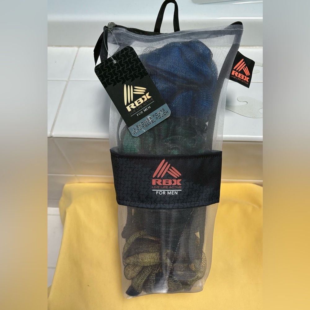 🆕 RBX 4-Pack Shower Poufs with Travel Pouch for Men. NWT